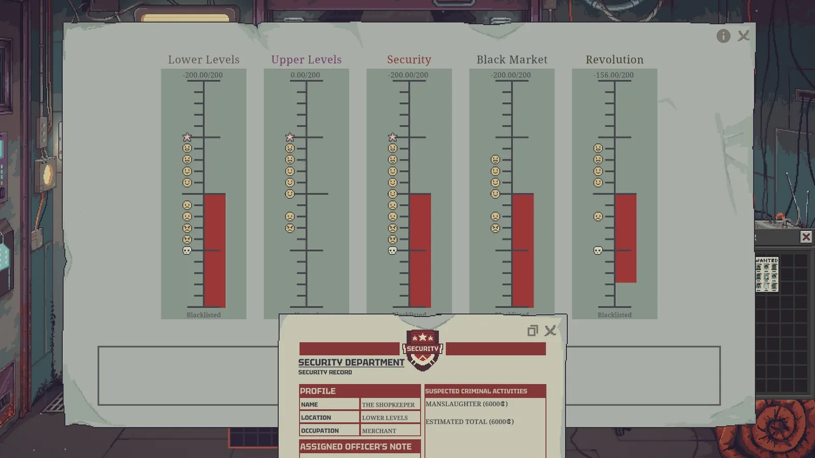 The faction reputation board and a Security record