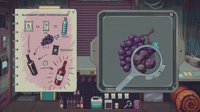 A wine fermenting guide next to a tray of grapes